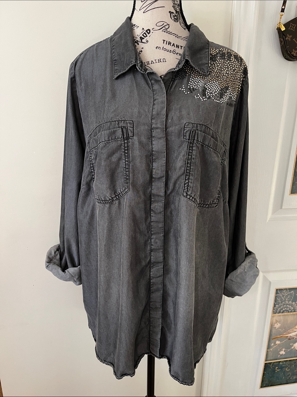 Studded Charcoal Button-Down Shirt